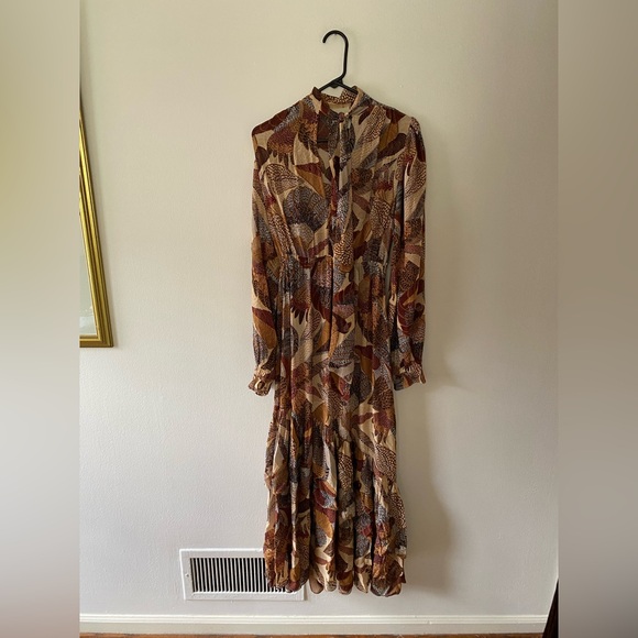 FARM Rio Dresses & Skirts - Farm Rio Brown Dotted Macaws Long Sleeve Maxi Ruffle Boho Dress Small
